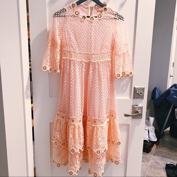 chinese dress ladies MAJE Pink Lace Detaill Drop Waisted Dress Sz1 UK 8 – Reliked